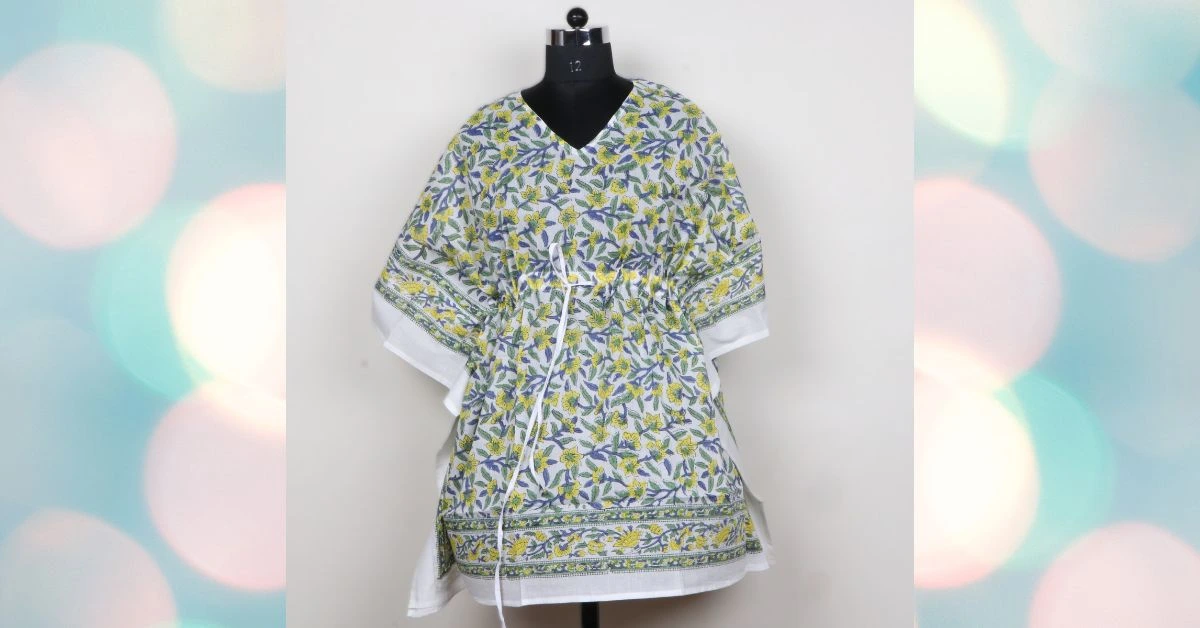 Hand Block Printed Cotton Kaftan For Womrn in Floral Print.